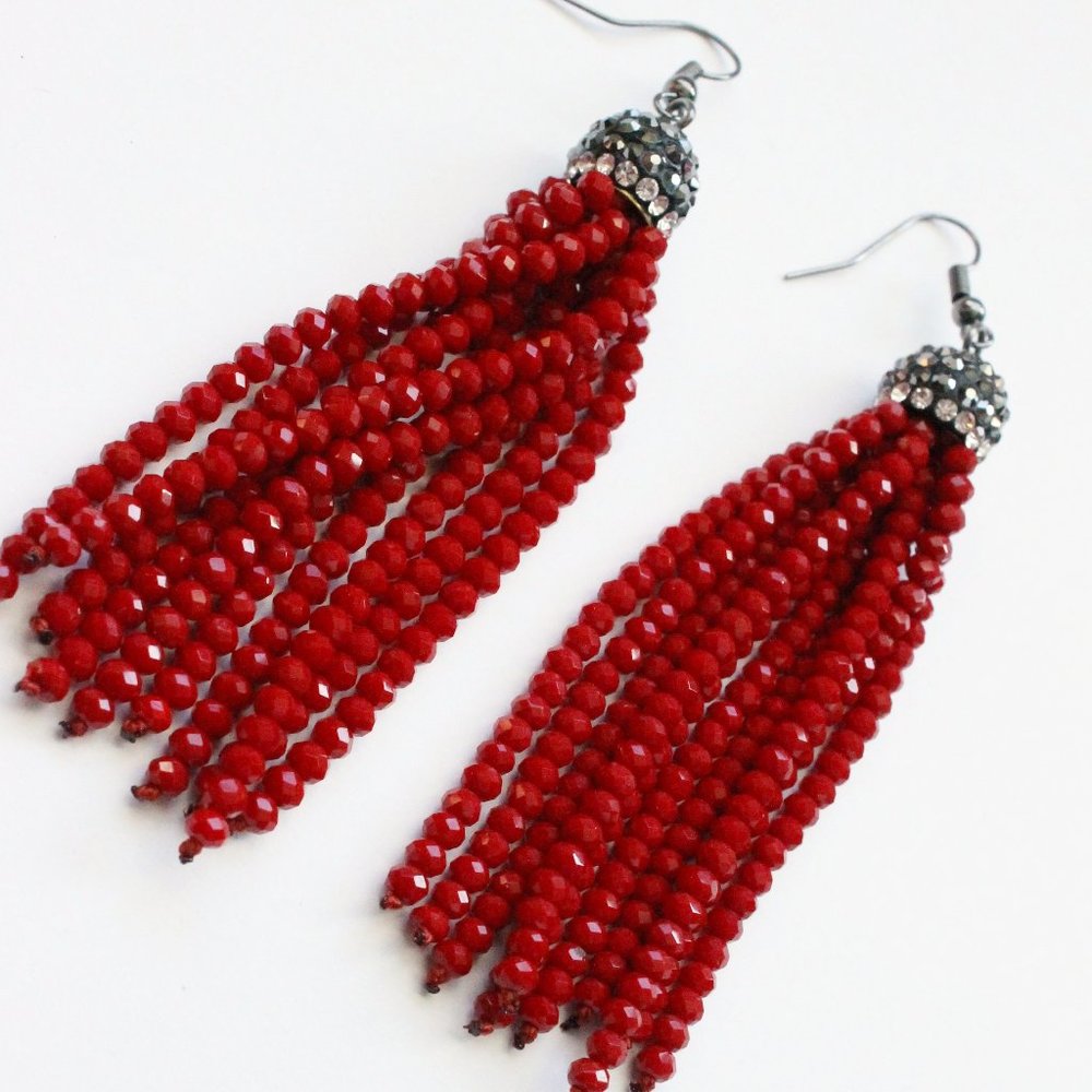Red beaded tassel pendant earrings